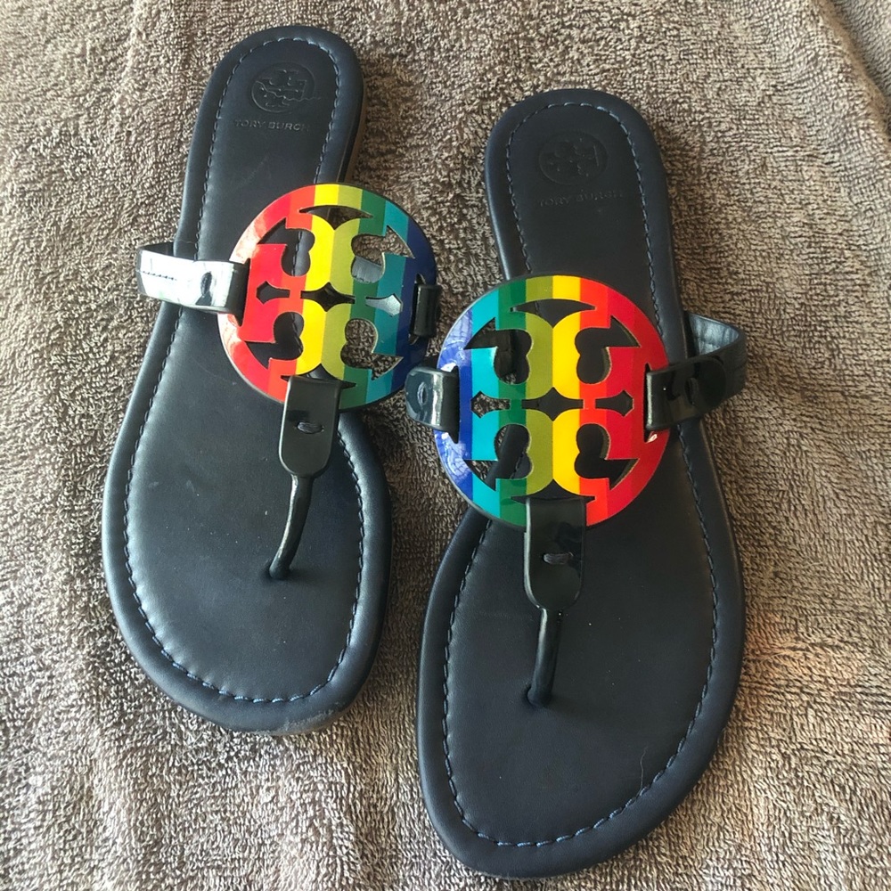 Like-New Navy Rainbow Stripe Miller Sandal…